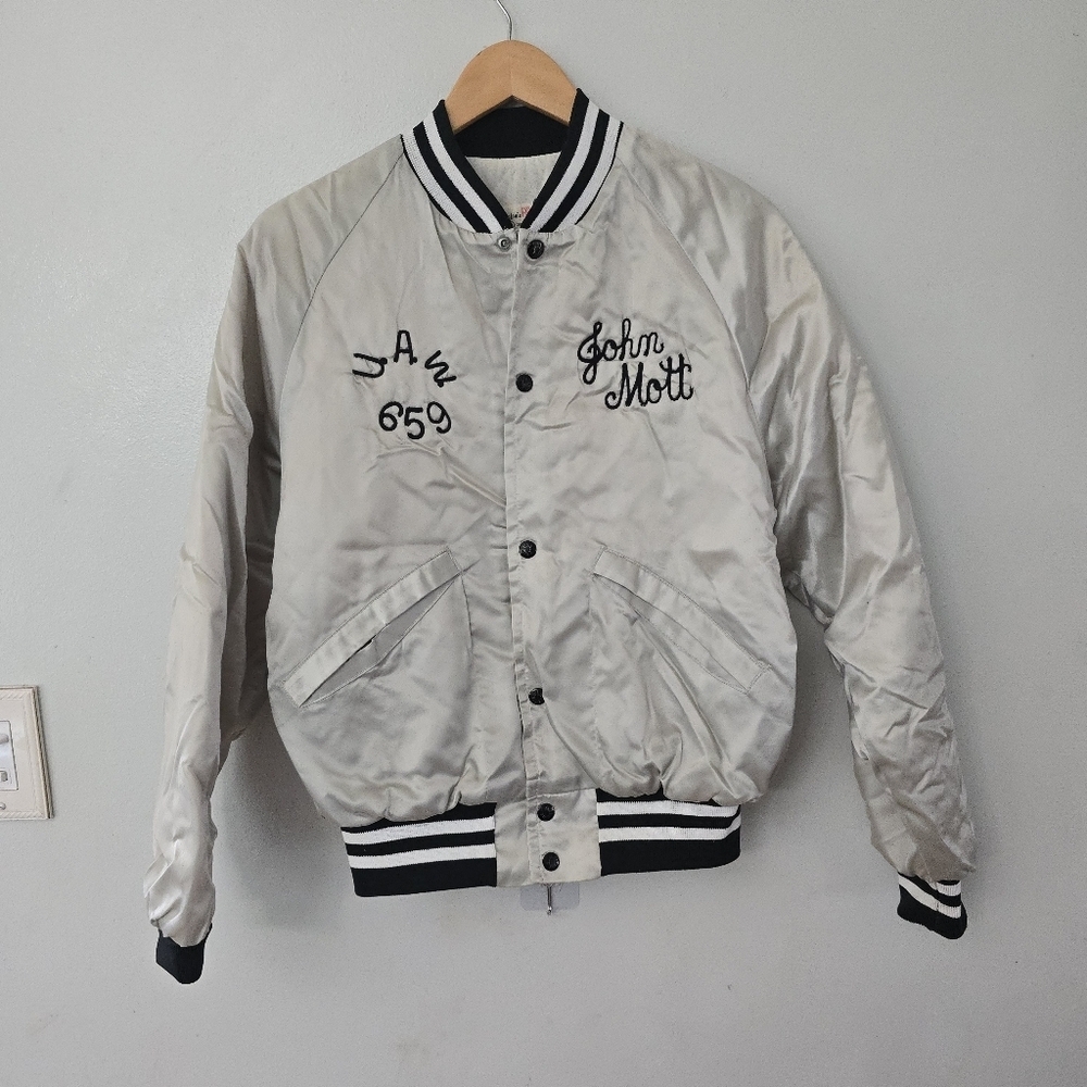 Vtg Autoworkers Union Jacket Small Bomber Satin UAW Local 659 Metal Fab *read